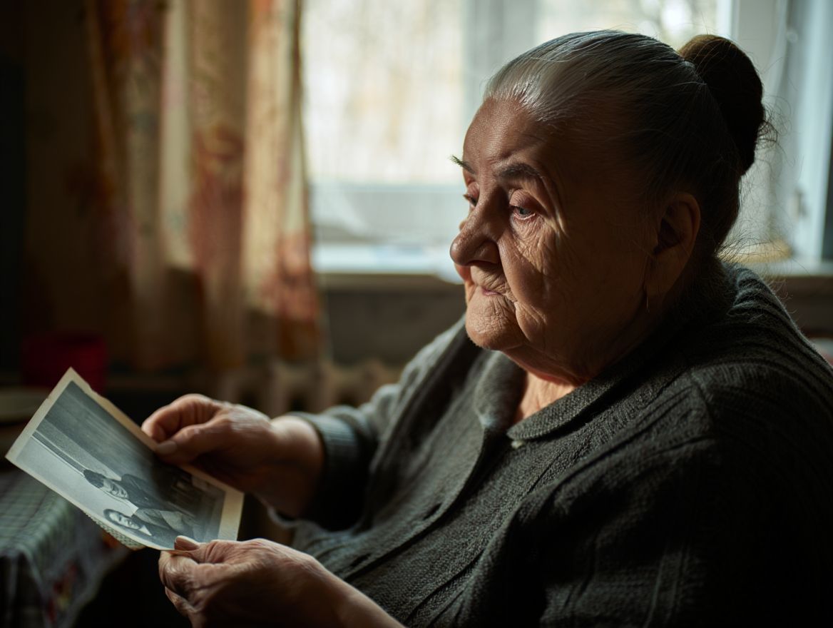 Пожилая женщина рассматривает старые фотографии